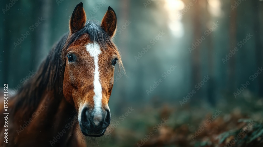 Fototapeta premium A majestic horse stands poised in a serene forest, capturing the essence of nature's beauty and strength, surrounded by enchanting greenery and soft, dappled light.