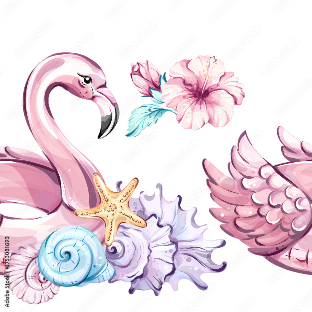 Fototapeta premium Seamless pattern background wallpaper featuring tropical elements like pink flamingos, seashells, and vibrant flowers arranged beautifully for summer celebrations and vacation vibes