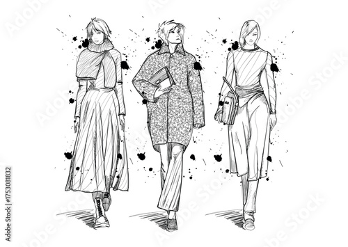 Editable vector fashion sketch (croquis) featuring a female model. Sketch perfect for fashion presentations, technical packs, lookbooks, clothing manufacturing, portfolio, apparel brands and designers