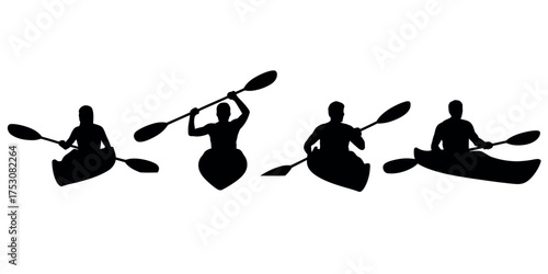 Silhouettes of people paddling kayaks on water, representing adventure and outdoor recreation