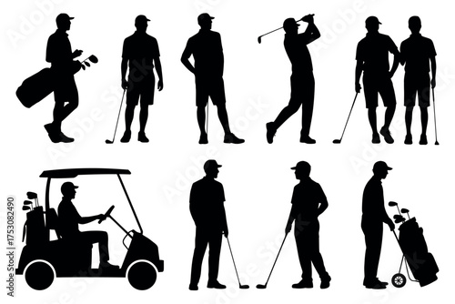 Golfing Silhouette Collection Diverse Poses Depicting Golfers, Caddies, and Golf Carts for Sports Design