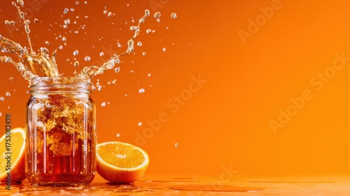 An eye-catching image depicting a refreshing drink with a splash effect, accompanied by vibrant oranges, showcasing a feeling of zest and invigorating energy.