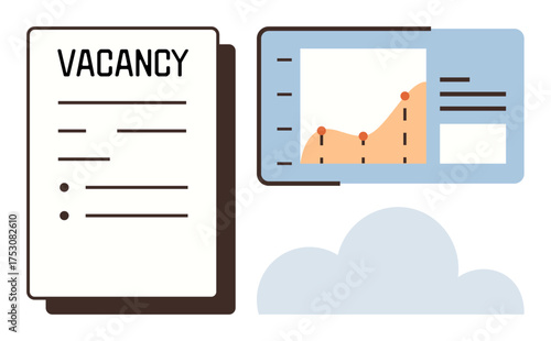 Vacancy document and data chart screen beside cloud element. Ideal for recruitment, analytics, business, employment, online platforms, HR systems, and technology-focused visuals simple flat metaphor