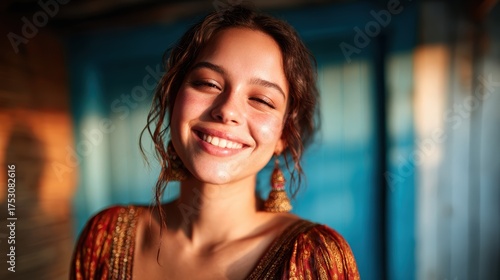 A young woman radiating joy with a beaming smile, illuminated by soft golden sunlight, creating a warm and inviting atmosphere that embodies happiness and contentment.