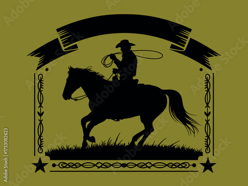 Cowboy Silhouette Riding Horse Lassoing Under Banner
