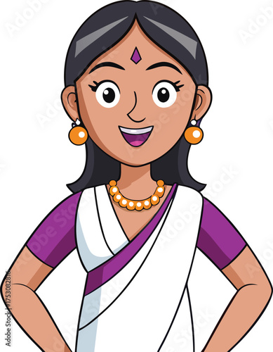 Cartoon woman wearing a white and purple sari with jewelry