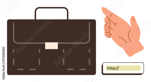 Briefcase, pointing hand, and URL bar suggest professional connections, online work. Ideal for business, career, e-commerce, marketing networking technology services. Simple flat metaphor