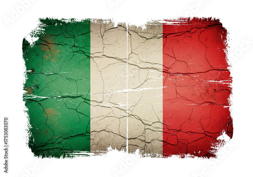 Distressed Italian flag illustration with a grunge texture and vintage effect, showcasing the national colors in a weathered and cracked design, evoking a sense of history and patriotism