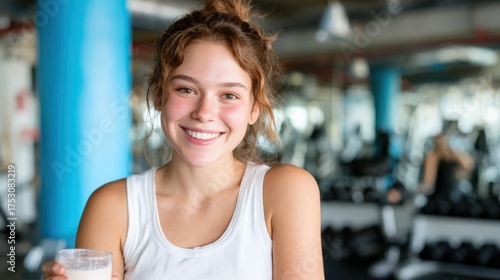 A cheerful young woman enjoying a protein shake while smiling warmly at the camera, surrounded by gym equipment, perfectly showcasing a vibrant and healthy lifestyle.