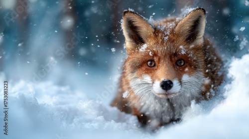 A captivating close-up of a curious fox in a snowy landscape, showcasing its rich fur and expressive eyes, embodying the beauty and intrigue of wildlife in winter.
