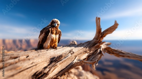 An awe-inspiring hawk resting on a rustic log against a vast scenic landscape, highlighting the beauty of nature and the majesty of wildlife in a tranquil atmosphere.