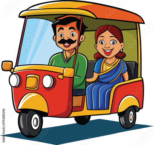 Indian couple rides in a red and yellow auto rickshaw