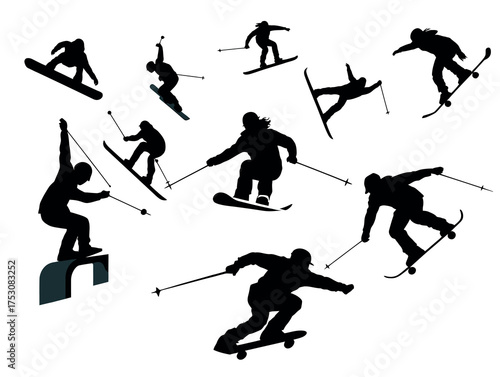Silhouette Collection of Skiers and Snowboarders Engaging in Winter Sports Activities