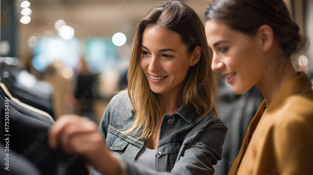 Fototapeta premium Young woman trying on jacket in modern clothing boutique with friend giving opinion faces out of frame background intentionally defocused faceless background defocused fashion