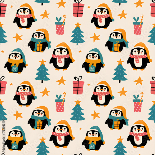 Christmas Penguins Seamless Pattern