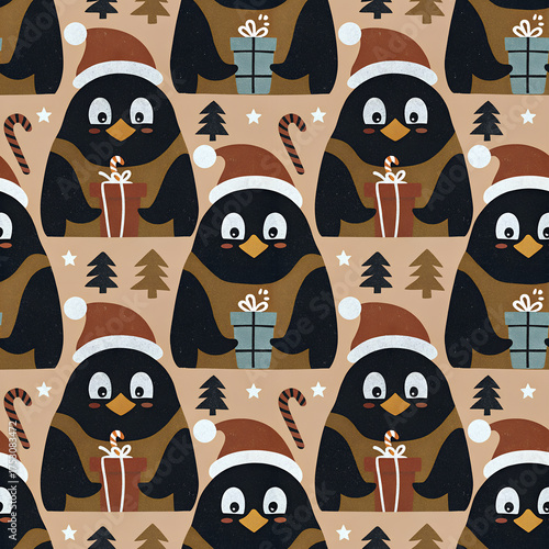 Christmas Penguins Seamless Pattern