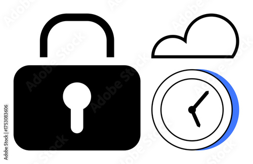 Bold padlock, cloud outline, and analog clock symbolize data security, cloud technology, and time management. Ideal for cybersecurity, cloud storage, deadlines, productivity digital privacy IT
