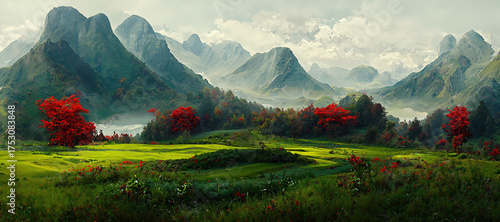 A vibrant mountain landscape with lush green fields, contrasting red trees, and misty peaks under a cloudy sky, evoking a serene, fantastical vista.