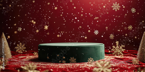 Green velvet podium with golden snowflakes falling on red christmas background with golden bokeh for product presentation 2026, perfect for showcasing gifts and holiday promotions