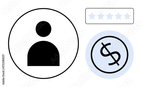 User icon within a circle, rating stars bar, and dollar icon. Ideal for user evaluation, performance review, finance, employment, productivity customer feedback and career growth. Simple flat