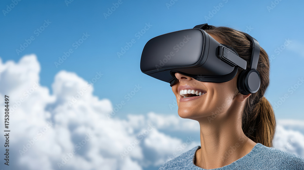 Naklejka premium Person enjoying virtual reality with headset, smiling against backdrop of clouds and blue sky