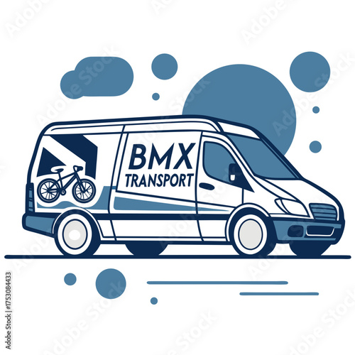 White van with BMX transport logo and bicycle graphic on white background Keywords: van, transport, bmx, bicycle, vehicle, delivery, logistics, transportation, shipping, cargo, commercial