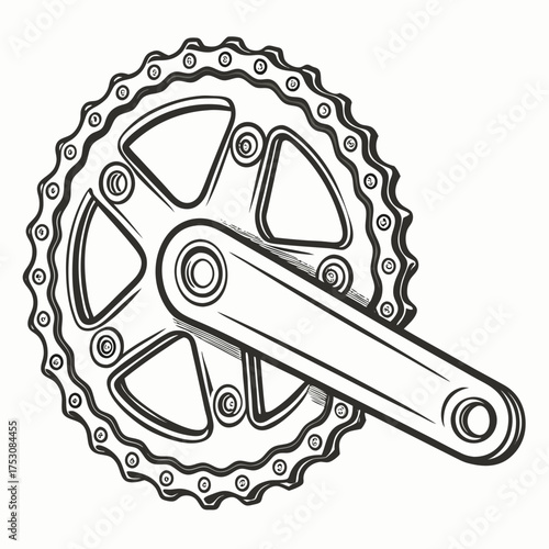 Bicycle crankset with chainring and crank arm on white background Keywords: bicycle, crankset, chainring, crank arm, gears, chain, bike, cycle, transportation, vehicle, part, component, mechanical