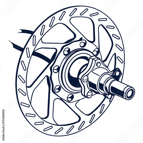 Bicycle disc brake rotor and hub assembly line art illustration Keywords: bicycle, bike, disc brake, rotor, hub, wheel, component, part, mechanism, engineering, mechanical, detail, close up