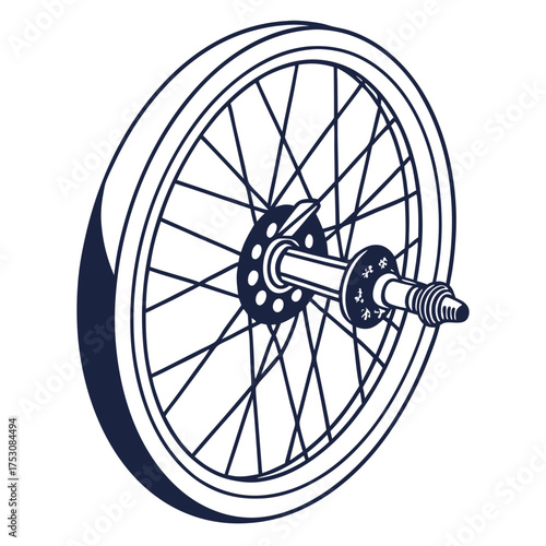 Bicycle wheel with spokes and hub on white background Keywords: bicycle, wheel, spokes, hub, rim, tire, cycle, transportation, vehicle, part, component, mechanical, engineering, equipment, sport