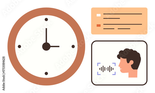 Analog clock, person speaking with sound wave, and a task checklist symbolizing time tracking, voice command, and task prioritization. Ideal for productivity, time management, scheduling, voice