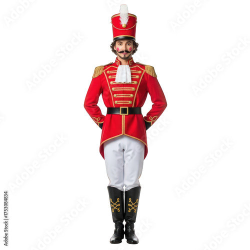 Toy soldier stands tall in a vibrant red uniform on transparent background