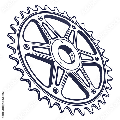 Detailed Line Art Illustration of a Bicycle Sprocket with Star- Shaped Spokes on a White Background bike