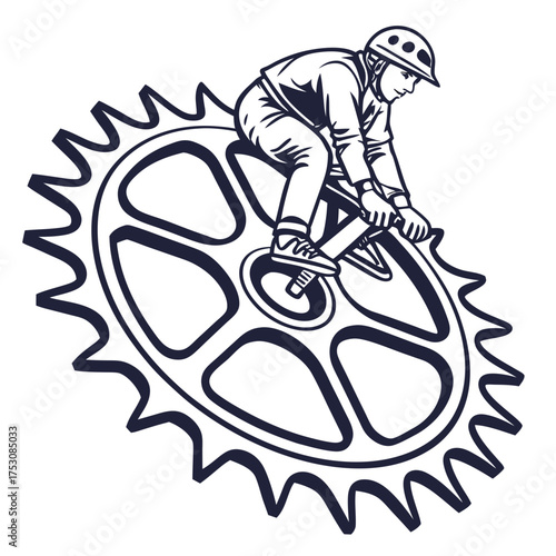 Silhouette of a cyclist riding on a giant bicycle sprocket on a white background bike rider
