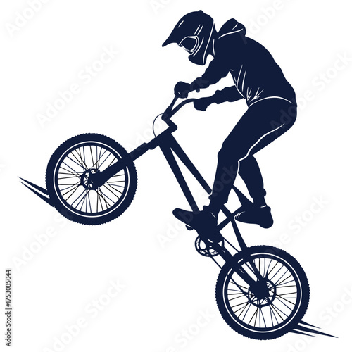 Silhouette of a Person Performing a Bicycle Trick on a White Background Keywords: silhouette, bicycle, bike, trick, stunt, extreme sport, action, movement, speed, rider, helmet, protective gear