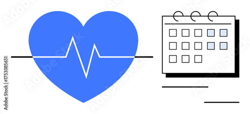 Blue heart with heartbeat line connecting to calendar with marked dates. Ideal for fitness, health, time management, scheduling, medical appointments, wellness, self-care. Simple flat metaphor