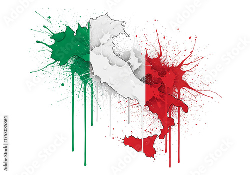 Vibrant Italian flag colors artfully splattered onto a detailed map of Italy, creating an expressive artistic pattern on a clean white background