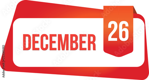 December 26 Daily Calendar date flat design red gradient rectangle style