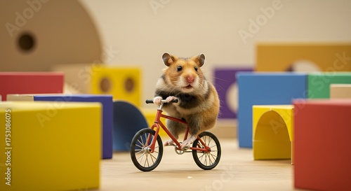 Hamster On Tiny Bicycle In Colorful Indoor Play Area, Playful Pet Image