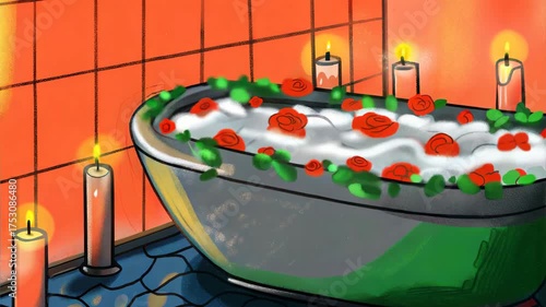 Relaxing bathtub filled with bubbles and roses surrounded by candles  