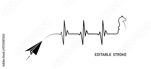 Editable line heart rhythm illustration with chessboard piece horse, origami paper plane, heartbeat line vector design to use for healthcare, healthy lifestyle, brainstorm concept illustration. 
