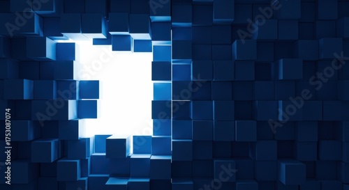 Abstract dark blue cubes wall with bright white light bursting through opening high contrast dramatic lighting