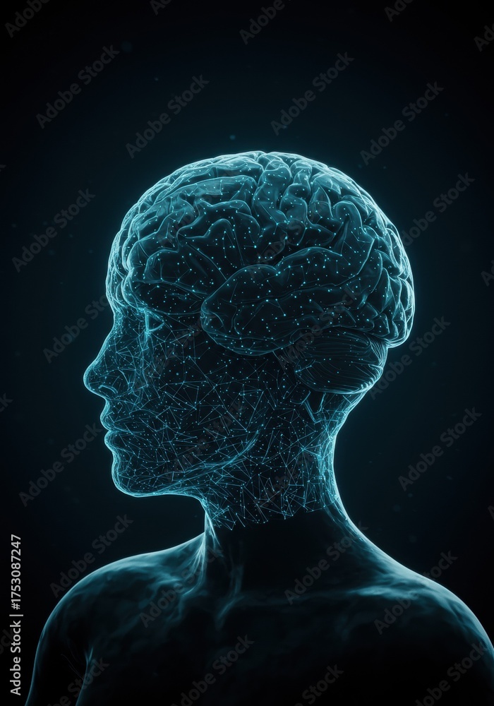 Obraz premium Abstract digital human head silhouette glowing with blue interconnected data points against dark background representing artificial intelligence and neural network concepts