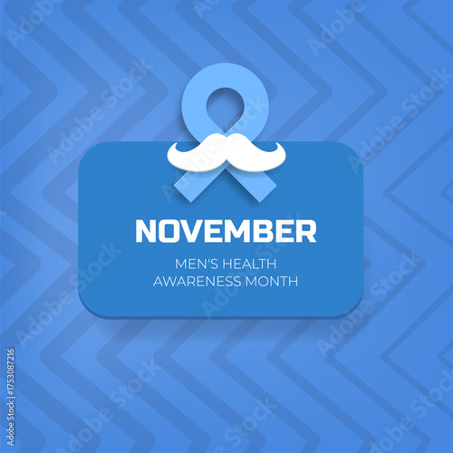 November Mens Health awareness month square banner with blue ribbon and moustache icon. Blue November is prostate cancer awareness month with moustache and ribbon. Movember mens health month poster