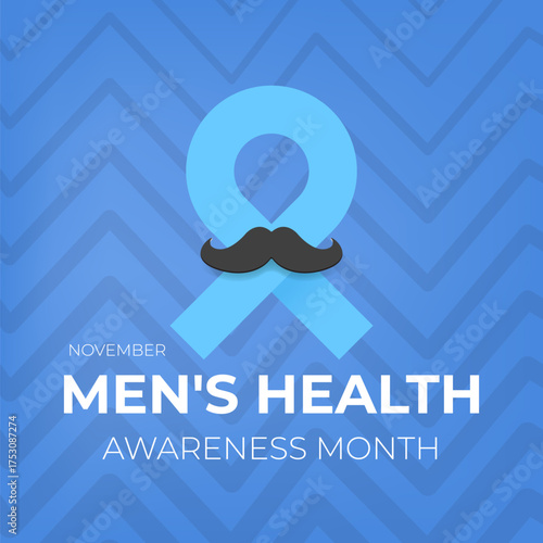 November Mens Health awareness month square banner with blue ribbon and moustache icon. Blue November is prostate cancer awareness month with moustache and ribbon. Movember mens health month poster