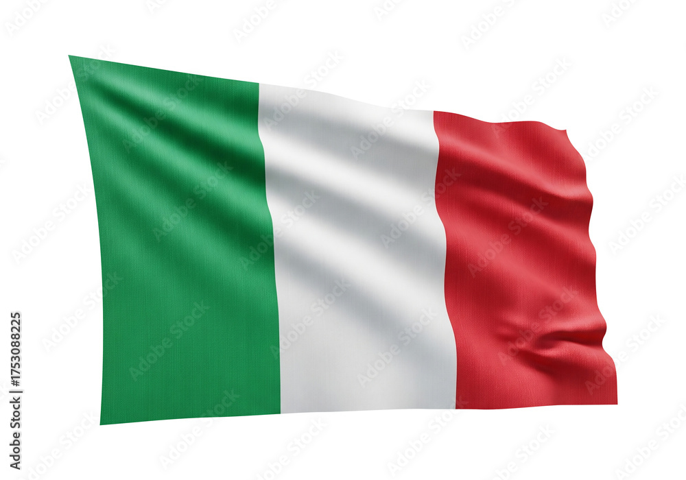 Fototapeta premium The national flag of Italy, with iconic green, white, and red vertical stripes, waving with realistic fabric texture and gentle folds, isolated on a white background