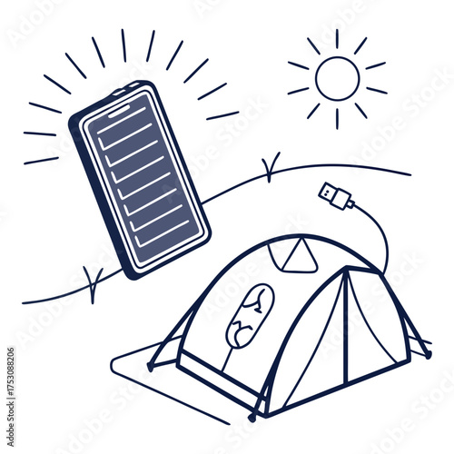 Camping Tent Solar Charger and Sun Illustration Keywords: camping, tent, solar charger, portable charger, sun, sunshine, outdoor, recreation, technology, electricity, power, charging, device
