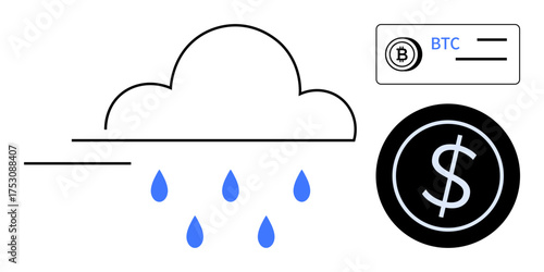 Cloud with rain beneath, cryptocurrency icon, dollar coin representation. Ideal for fintech, blockchain, digital assets, financial services, economic growth, technology simple flat metaphor