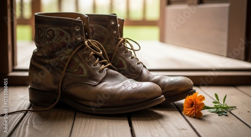 Worn embroidered leather boots and a marigold flower on a wooden floor