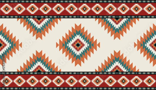 Seamless geometric ethnic pattern inspired by Native American tribal fabric. Traditional Aztec and Navajo style carpet and tile vector design on navy blue background. Perfect for textile, wrapping,