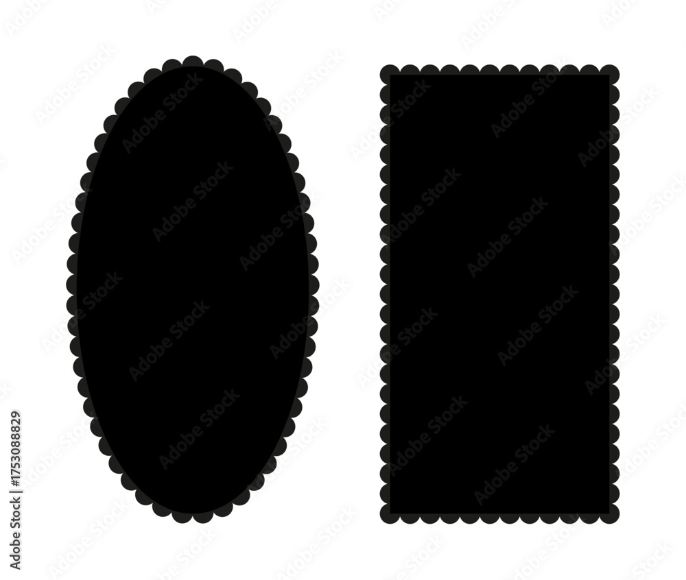 Obraz premium Scalloped backgrounds. Black edge rectangle, ellipse shapes. Simple backdrops. Label flat forms. Silhouette lace frames. Elements for tag, stickers, badges, banners, posters.